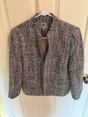 Anne Klein Black and White Textured Open-Front Blazer